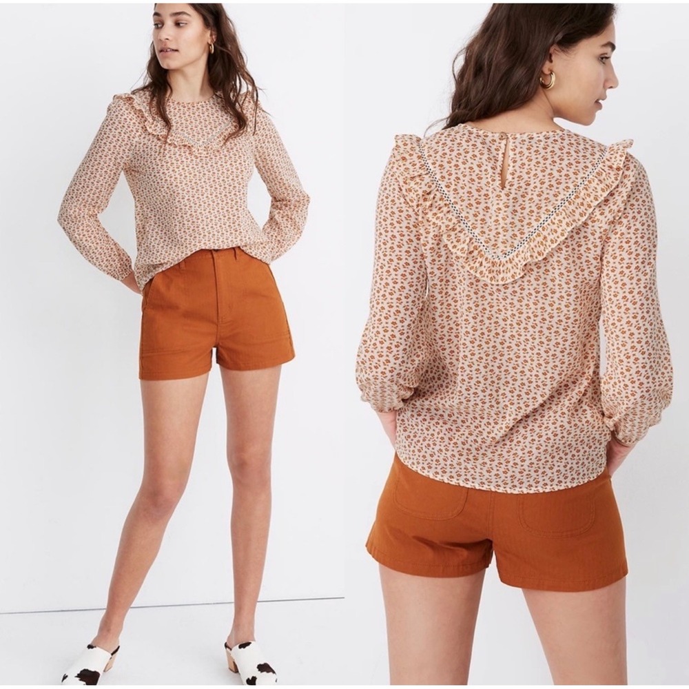 Madewell Ruffle-Yoke Prairie Top L Cutout Blooms Floral AJ924 Orange Large Fall
